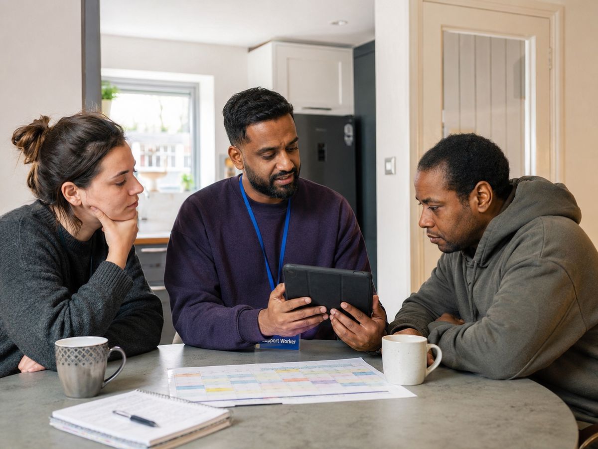 A support worker going through a plan on a tablet with two people at a kitchen table