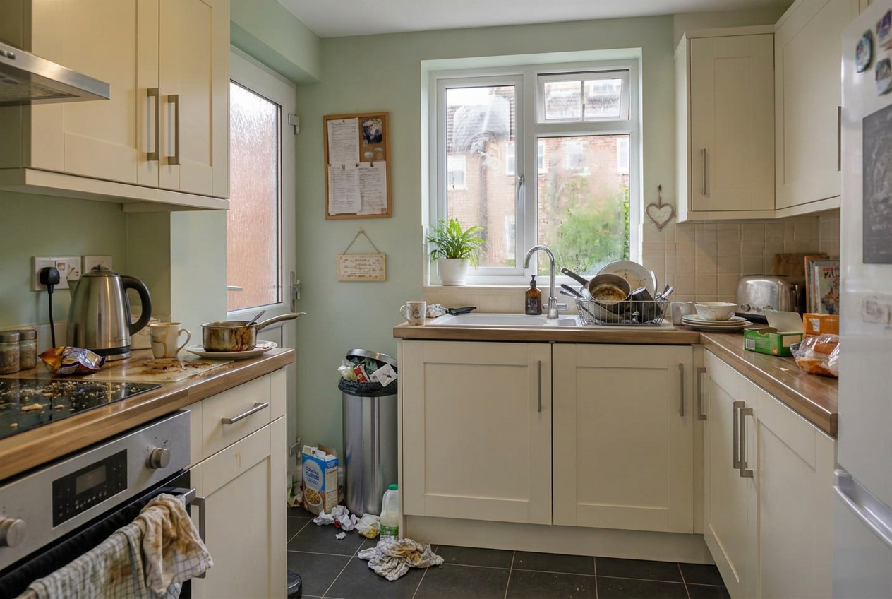 A used kitchen with dishes in the sink, crumbs on the worktop and a full bin