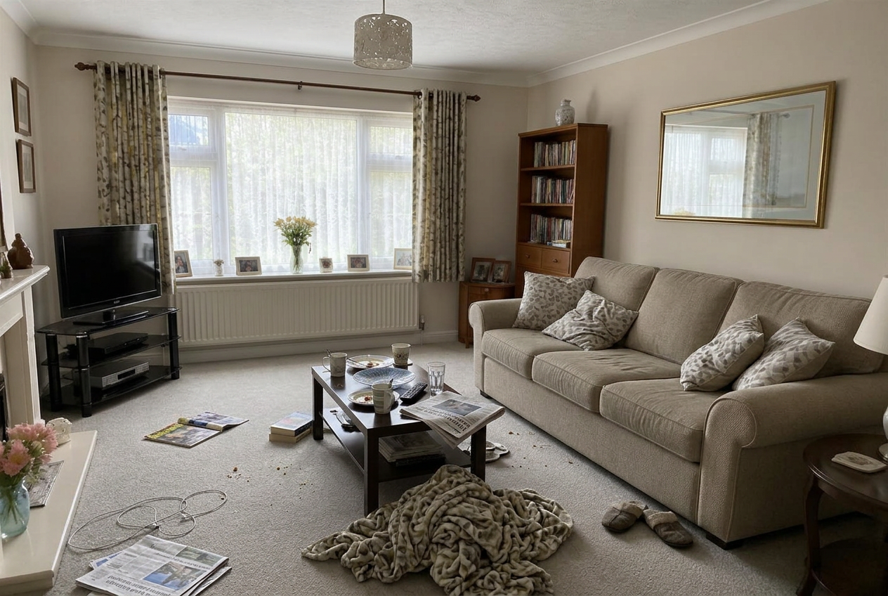 A lived-in living room with mugs on the table, newspapers on the floor and a heaped throw