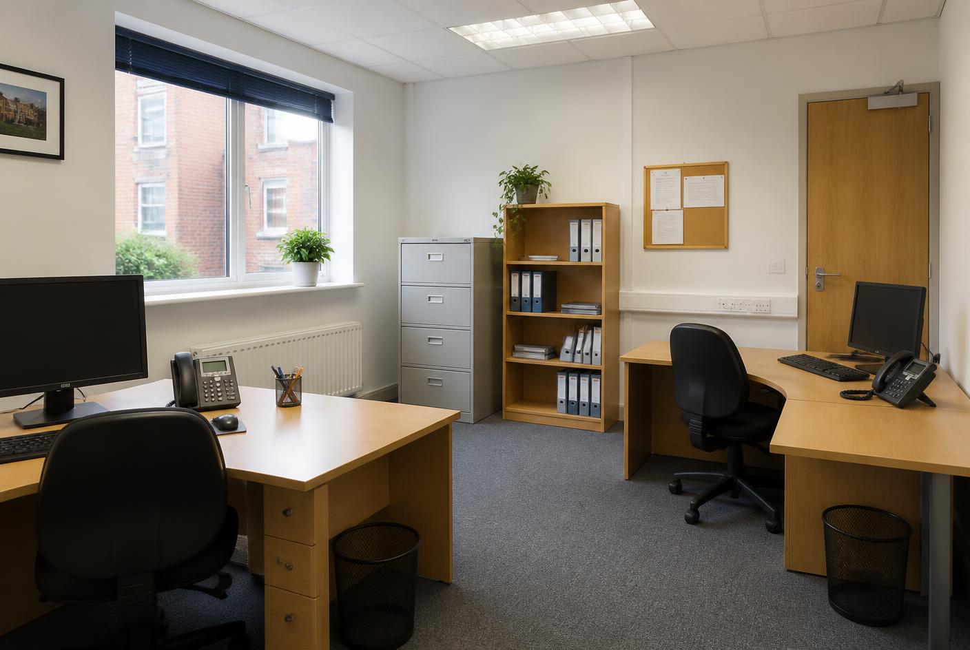 The same office cleared, with wiped desks, emptied bins and clean floors