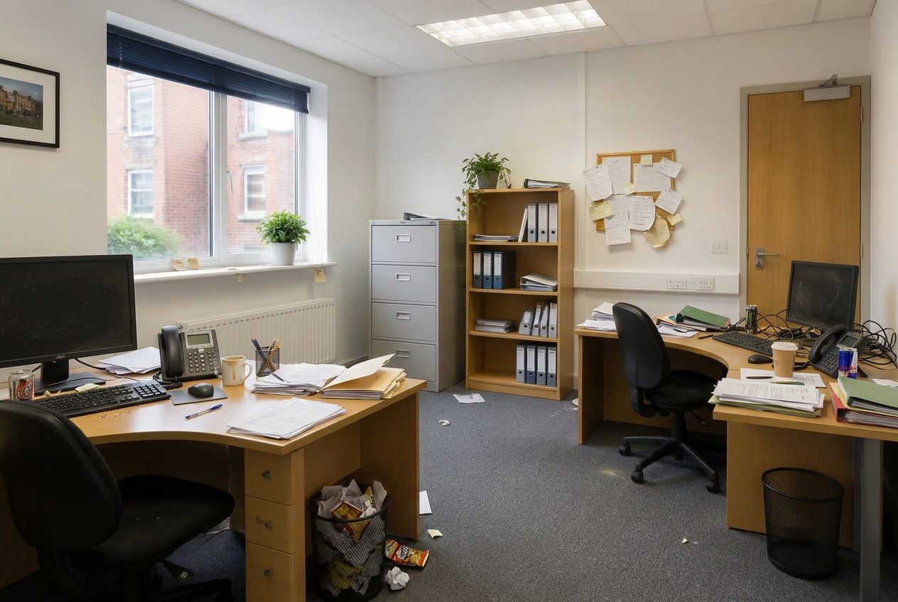 An untidy office with papers across the desks, used cups and overflowing bins